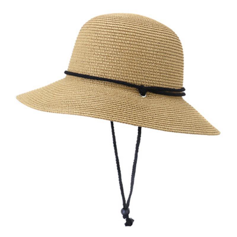 

Bucket Straw Hats Women Wind Proof Rope Summer Solid Khaki Black Sun Protection Outdoor Beach Wide Brim, Grey