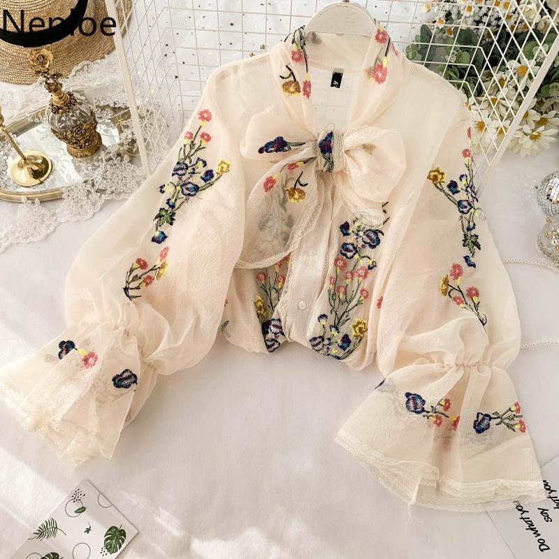 

Neploe French Retro Embroidery Flower Shirt Female Design Lace Up Bow Puff Long Sleeve Blusas Holiday Beach Loose Blouse 47262, Apricot