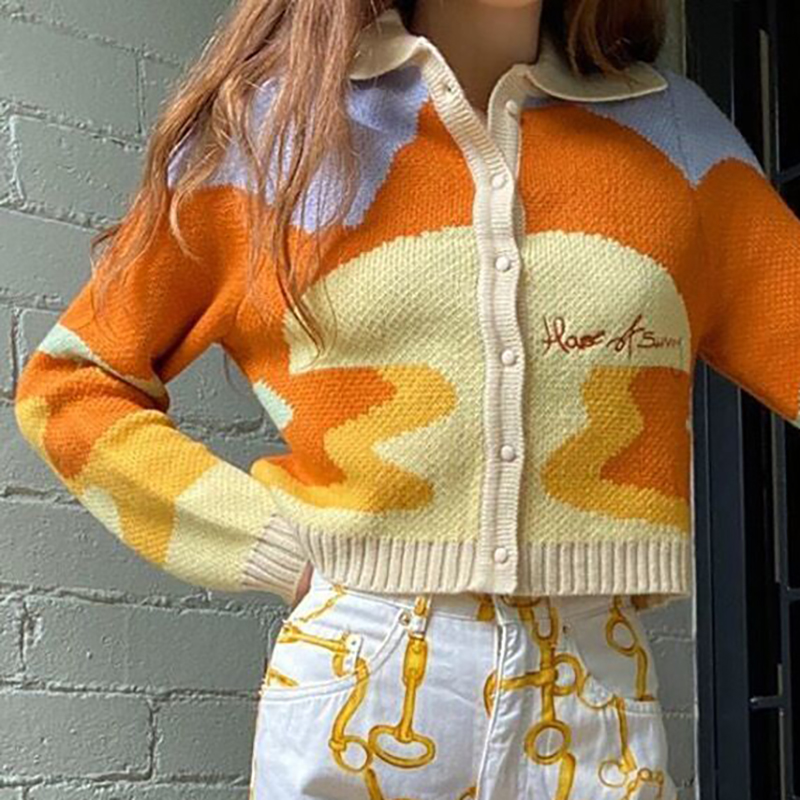 

Women Autumn Vintage French Style Sunshine Print Short Knitted Sweater Chic Lady Fashion Single Breasted Loose Cardigans Femme, As photo