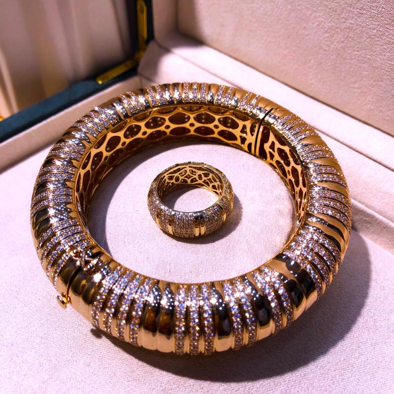 

Earrings & Necklace Design Luxury Dubai Big Wide Round Noble Bridal Bangle Ring Sets For Women Wedding Full CZ Bracelet, Silver
