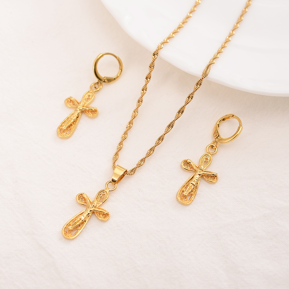 

Jesus Cross Pendant Necklaces Earrings 18 k Fine Yellow Gold Filled Egyptian Sets Women Egypt Hieroglyphs Charm Jewelry, Golden