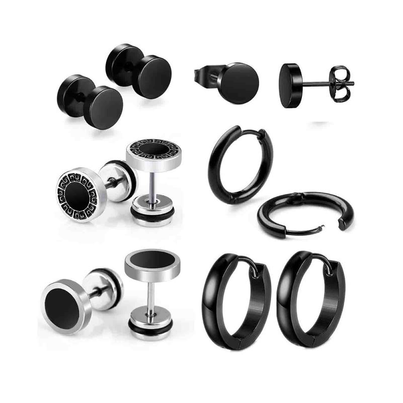 

Stud 6 Pairs Punk Stainless Steel Men's Earrings Black Perforated Clip Type Set Non-perforated Fake Gift