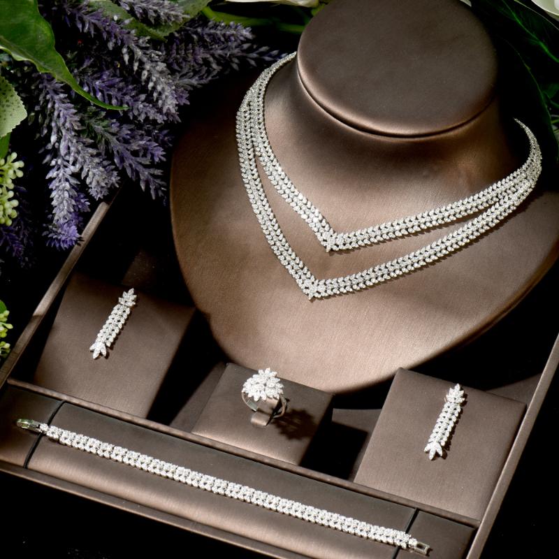 

Earrings & Necklace HIBRIDE 2 Layers Drop Earring Set For Women Wedding Accessories Full Cubic Zircon Dubai Bridal Jewelry N-1841, Silver