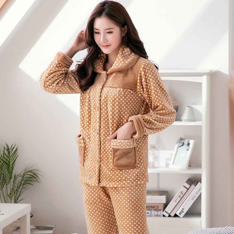 

Women's Sleepwear Pajamas Set Women Pyjama Flannel Sexy Warm Femme Plush Thick 2Piece/Set Mom Print Homewear Clothes Plus Size SE9, Cute bear