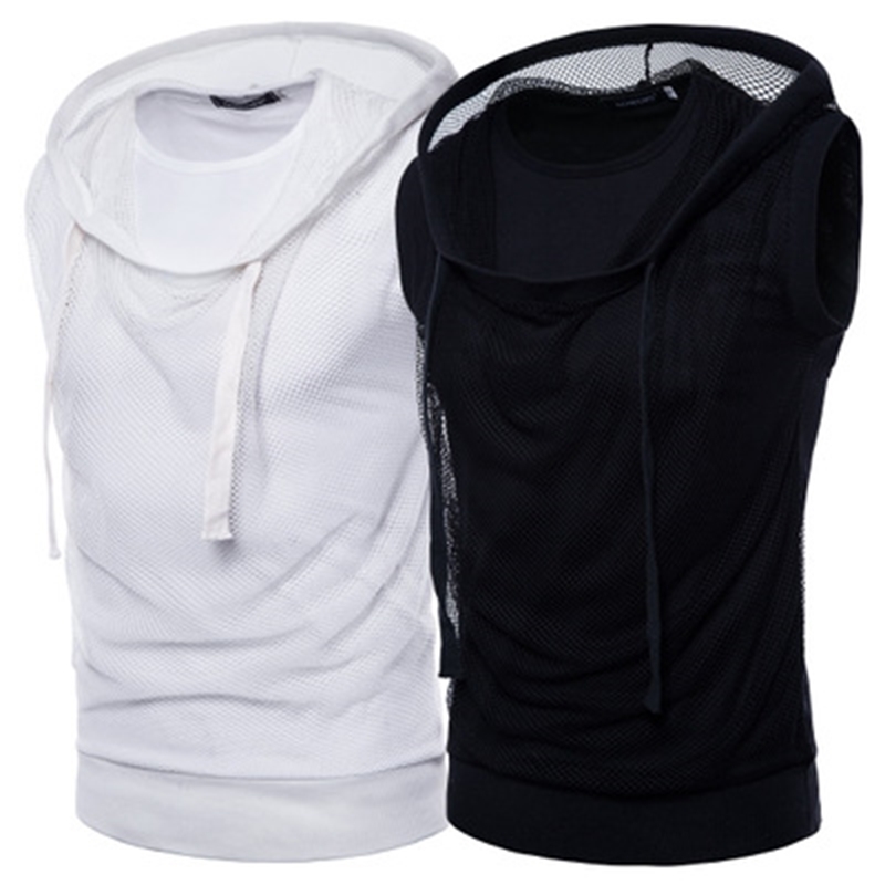 

summer wear fashion mesh hooded t-shirt muscle men sleeveless crew neck hip hop s-2xl size, White;black