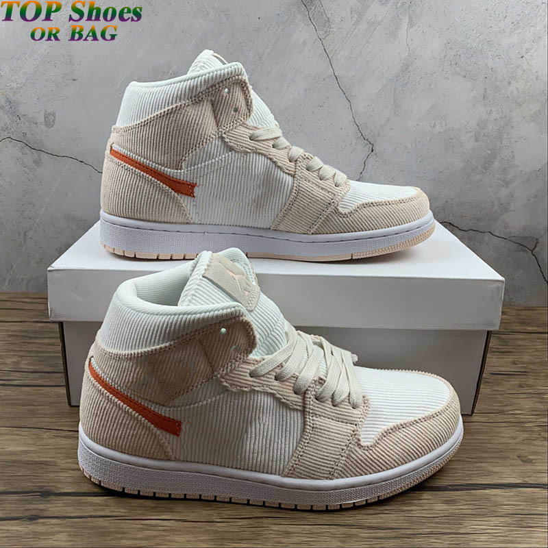 

With box 1 Mid GS Corduroy man women basketball shoes highest quality jumpman 1s beige knitting orange genuine leather outdoor sport, #1