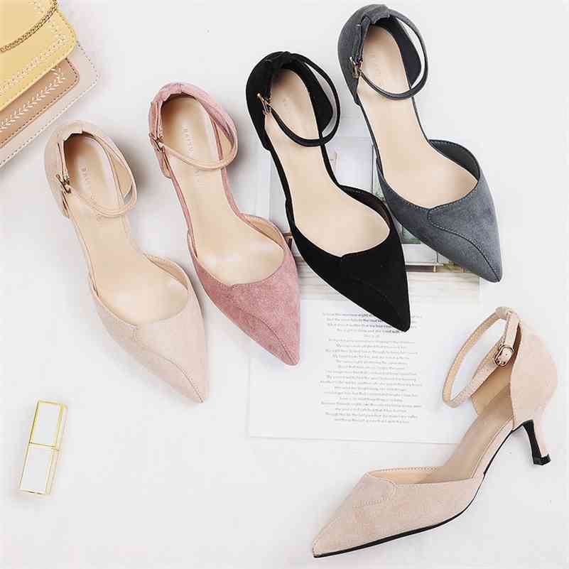 

Shoes Women Heels Faux Ankle Strap Elegant Pointed Toe Sexy Thin High Heel 6cm Pumps Black Beige Pink Wedding Casual Shoes 210520, 165-1-beige