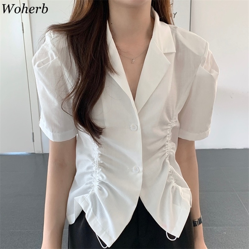 

Vintage White Blusas Chic Drawstring Blouses Women Notched Neck Slim Shirts Summer Korean Puff Sleeve Office Lady Tops 210519, Apricot