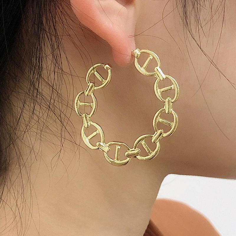 

Hoop & Huggie Gothic Big Circle Metal Gold Color Earrings For Women Punk Geometric Round Flat Link Chain Statement Party Jewelry