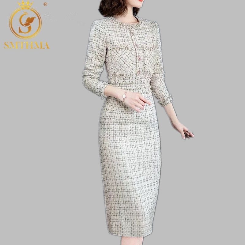 

Luxury Designer Runway Dress Women Winter Long Sleeve Beading Plaid Straight Tweed Woolen Vestidos 210520, Photo color