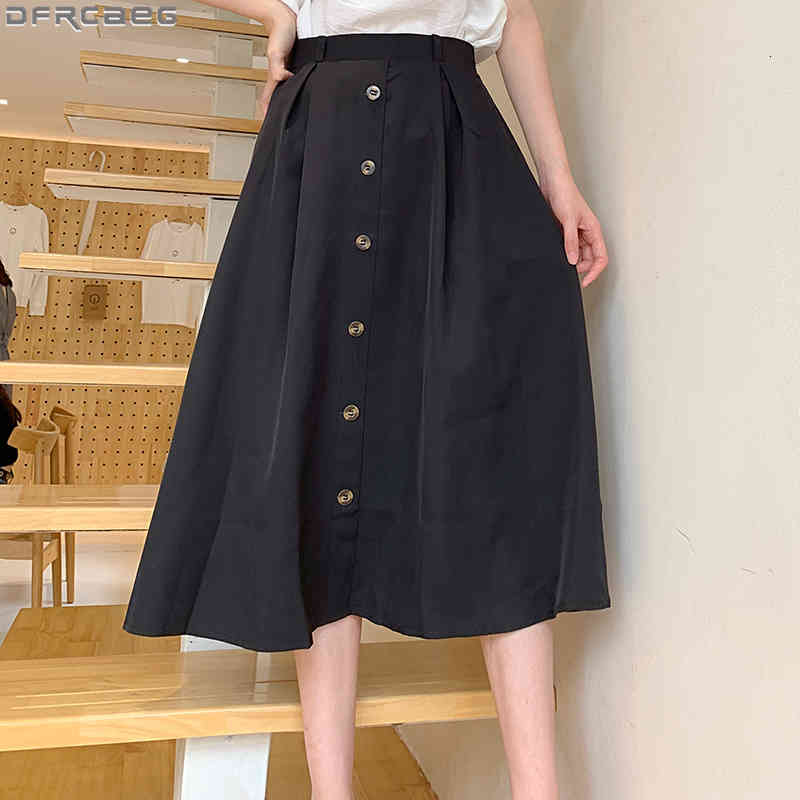 

Casual Dresses Autumn Elegant Khaki Black Skirt Women Vintage A-Line Single-breasted Long Skirts Loose Elastic Waist Plus Size Fal