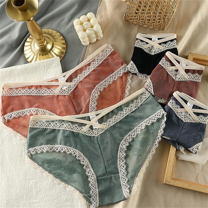 

Women's Panties 3 Pcs/Set Sexy Ice Silk Women Lace Briefs Ladies Breathable Underwear Female Middle Waist Panty Hip Lift Lingerie