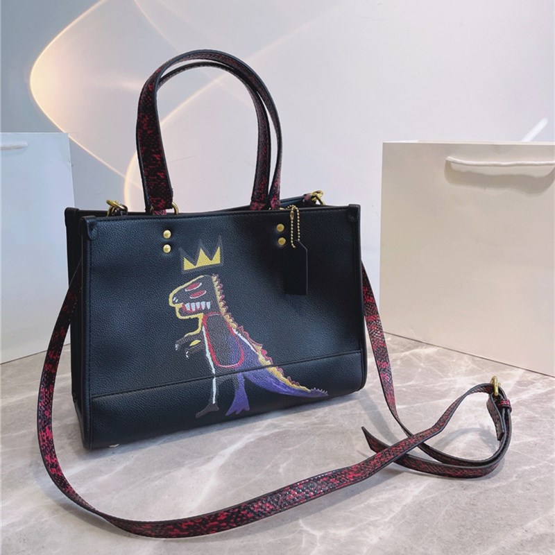 

Colorful cartoon patterns of small dinosaurs bag women high quality Black leather handbag Cute Totes Red Serpentine handle modern style Bags