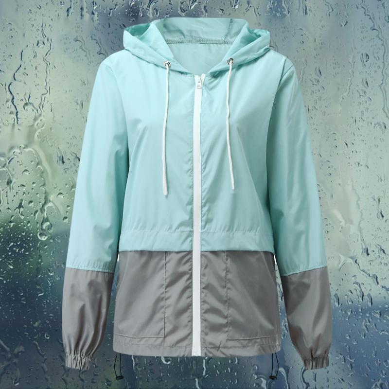 

Women's Trench Coats Rainproof Hooded Coat Women Windbreaker, Color Block Elastic Cuffs Adjustable Drawstring Smooth Zipper, Tan;black