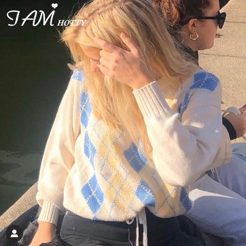 

Argyle Plaid Woman Sweaters Loose Crewneck Knitted Jumper Long Sleeve Female Autumn E Girl Pullover Jacket 2021 Iamty Women, Ivory