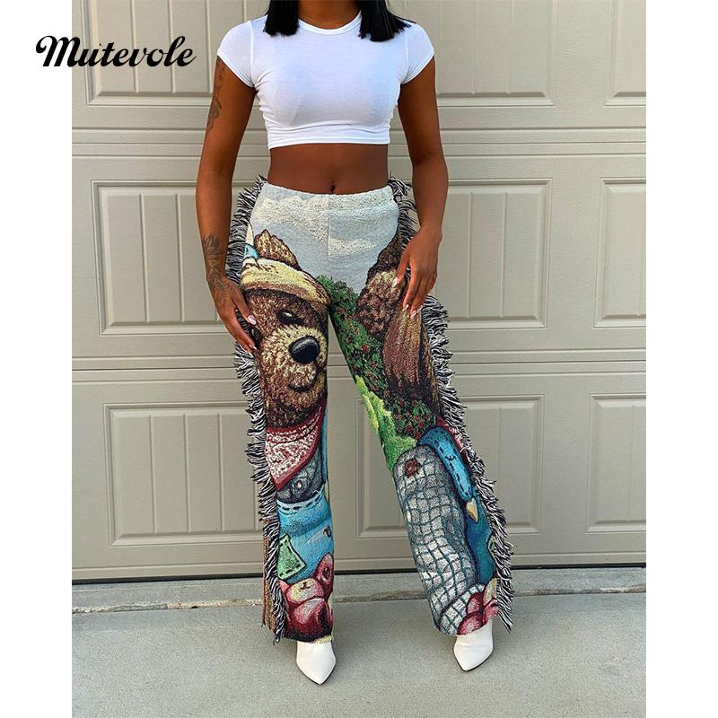 

Mutevole Fringe Tassel Pants Women Fashion Patchwork Hip Hop Print Trousers Streetwear Ladies Casual Midi Waist Straight Women' & Capris, Green