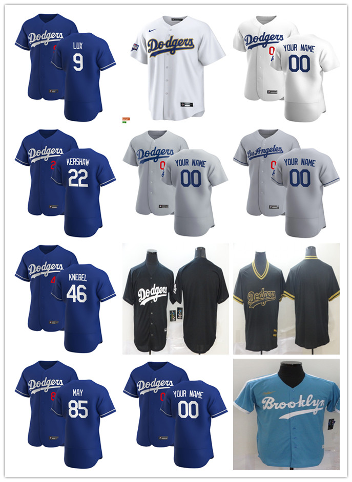 

Men Women Youth 22 Clayton Kershaw 46 Corey Knebel 9 Gavin Lux 85 Dustin May Custom Baseball Jersey 2021 Gold Program Blank Black blue gray white, Blue;black