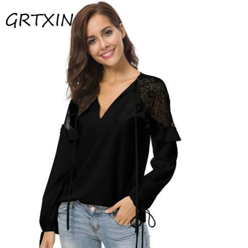 

Women' Blouses & Shirts White Black Lace Long Sleeve Ladies Chiffon Sexy V-neck Ruffle Shoulder Women Tops Blusas Plus Size -XL