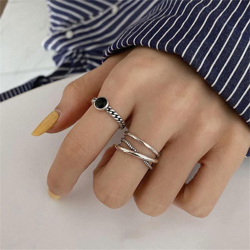

Fashion Twist Cross Chain Black Crystal Silver Color Metal Opening Rings For Women Girls Party Jewelry Wedding