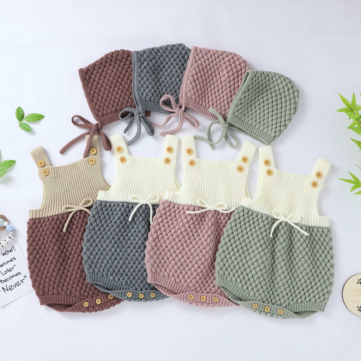 

Infant Knitted Romper Set Baby Boy Girl Summer Autumn Simple Color Matching Sleeveless Suspender Jumpsuit + Solid Color Hat Kit 210722