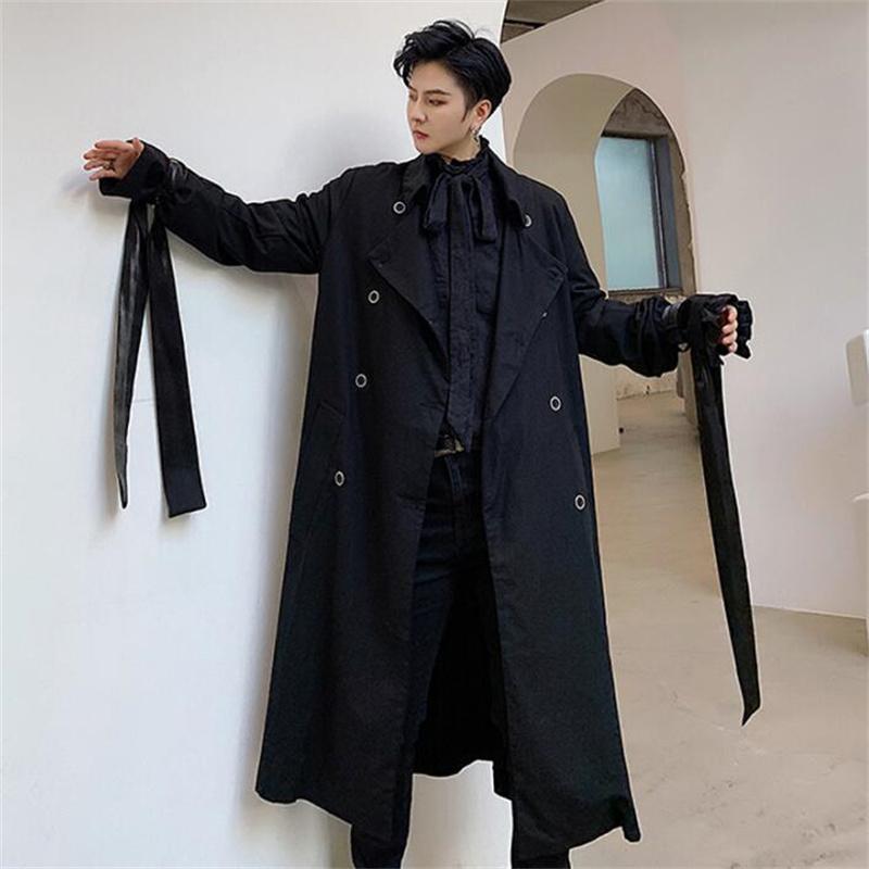 

Mens Trench Coats Black Tassel Ribbon Lapel Man Double Breasted Long Men Mid-length Clothes Overcoat Sleeve B466 Men
