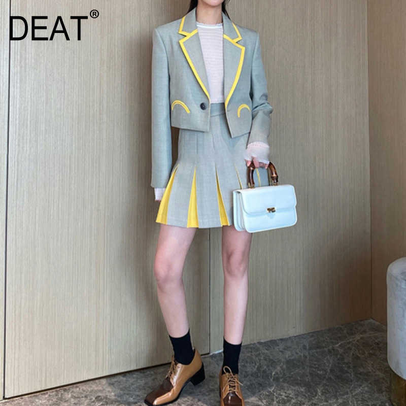 

[DEAT] Summer Fashion Long Sleeve Turn-down Collar Single Button Blazer Splicing A-line Skirts Two-piece Suit 13Q152 210527, Coat and skirt