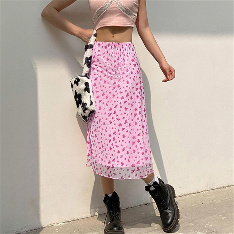 

y2k mesh e girl womens skirts cute midi floral print kawaii 2000s aesthetic long skirt low waist summer streetwear, Black