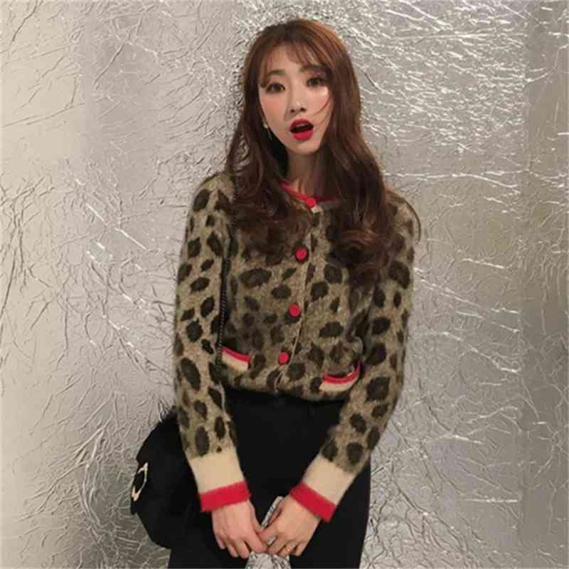 

Fashion women' blouse for fall/winter single-breasted leopard print casual long-sleeved sweater knitted jacket 210520, Image color
