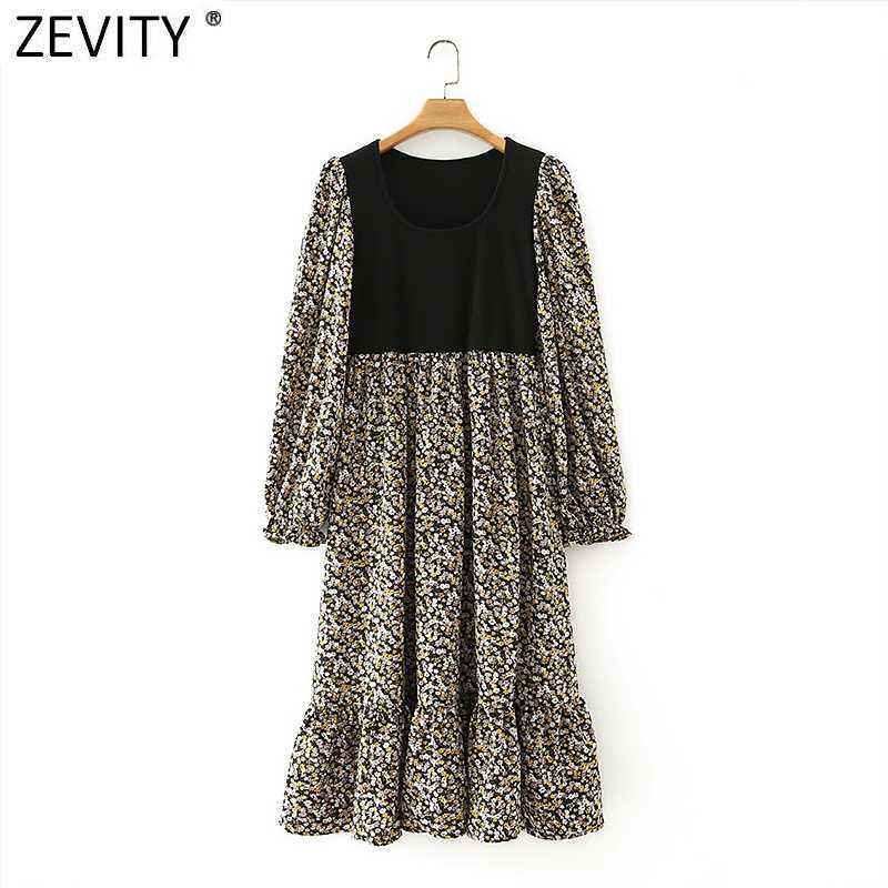 

Zevity Women Vintage Square Collar Knitting Patchwork Print Pleats Dress Female Puff Sleeve Casual Midi Vestidos DS4648 210603, As pic ds4648xz