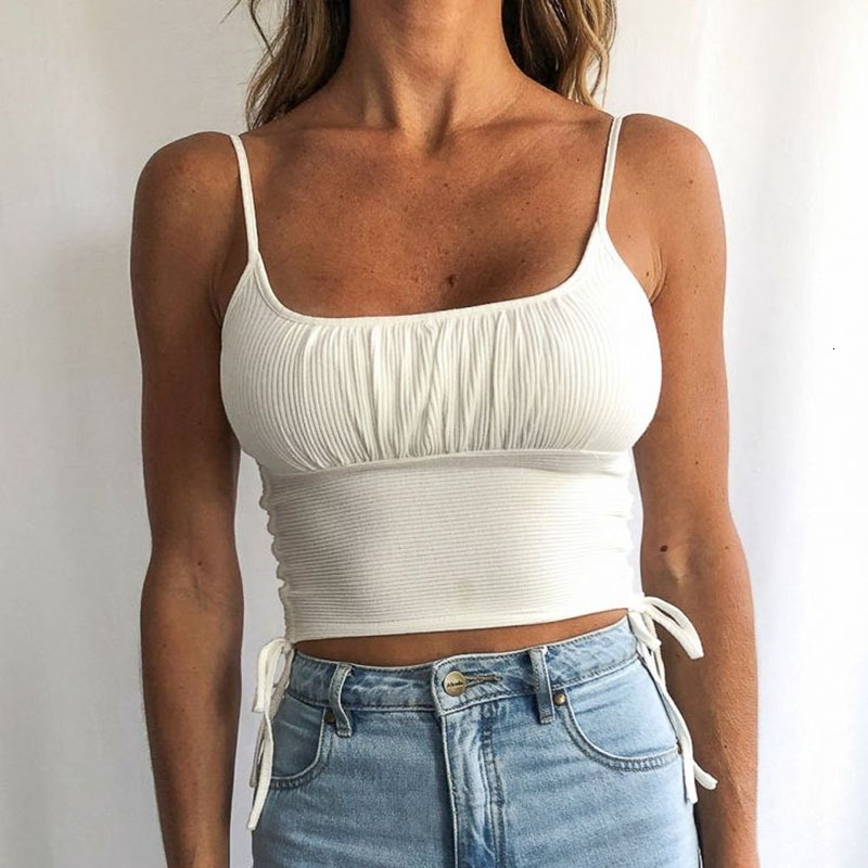 

Summer Arrivals Women Sexy Solid Tank Female Spaghetti Strap Strapless Sleeveless Crop Tops with Draw string Nightclub Wear, White