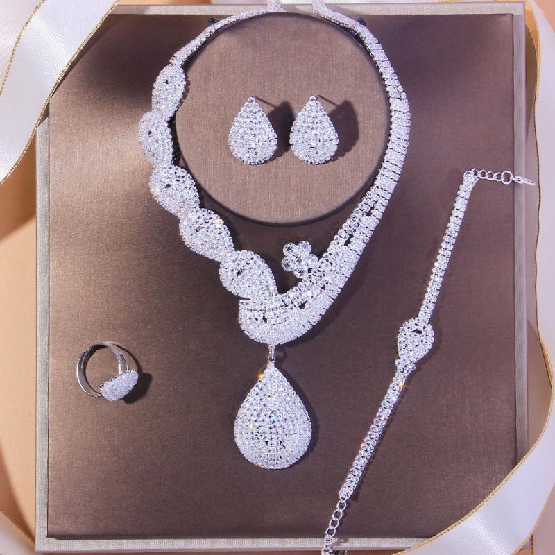 

Earrings & Necklace Fashion Rhinestone Bridal Drop Shaped Set Dress Accessories Wedding Jewelry 4 Piece Party Banquet, Silver