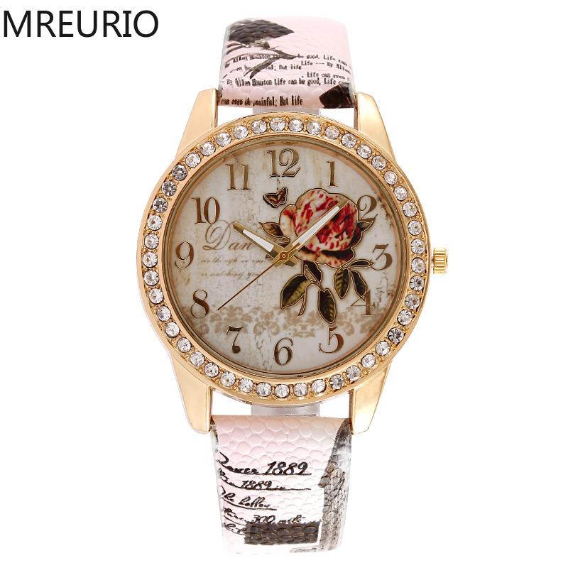

Women Watch Diamonds-Studded Rose Pattern Numeral Dial Leather Strap Quartz Wristwatches For Lady Fashion Gifts, Slivery;brown