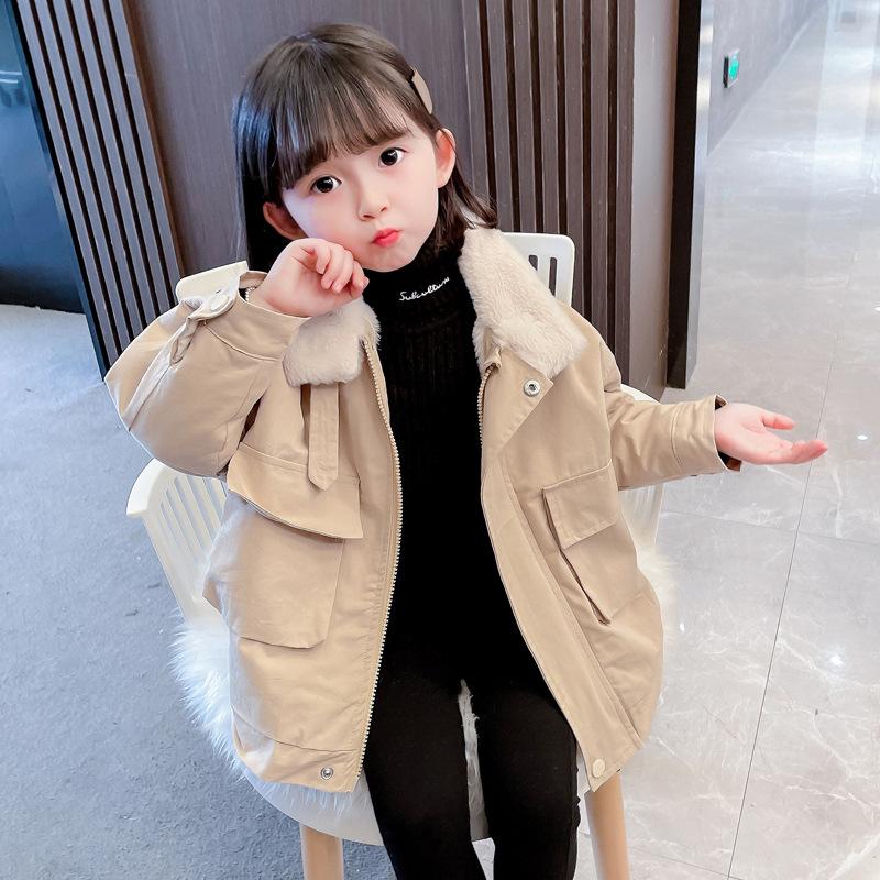 

Jackets Girls Winter Coats Tooling Style Children Cotton-padded Jacket Outdoor Student Clothing Thicken Kids Outerwear Warm Plush Tops, Khaki