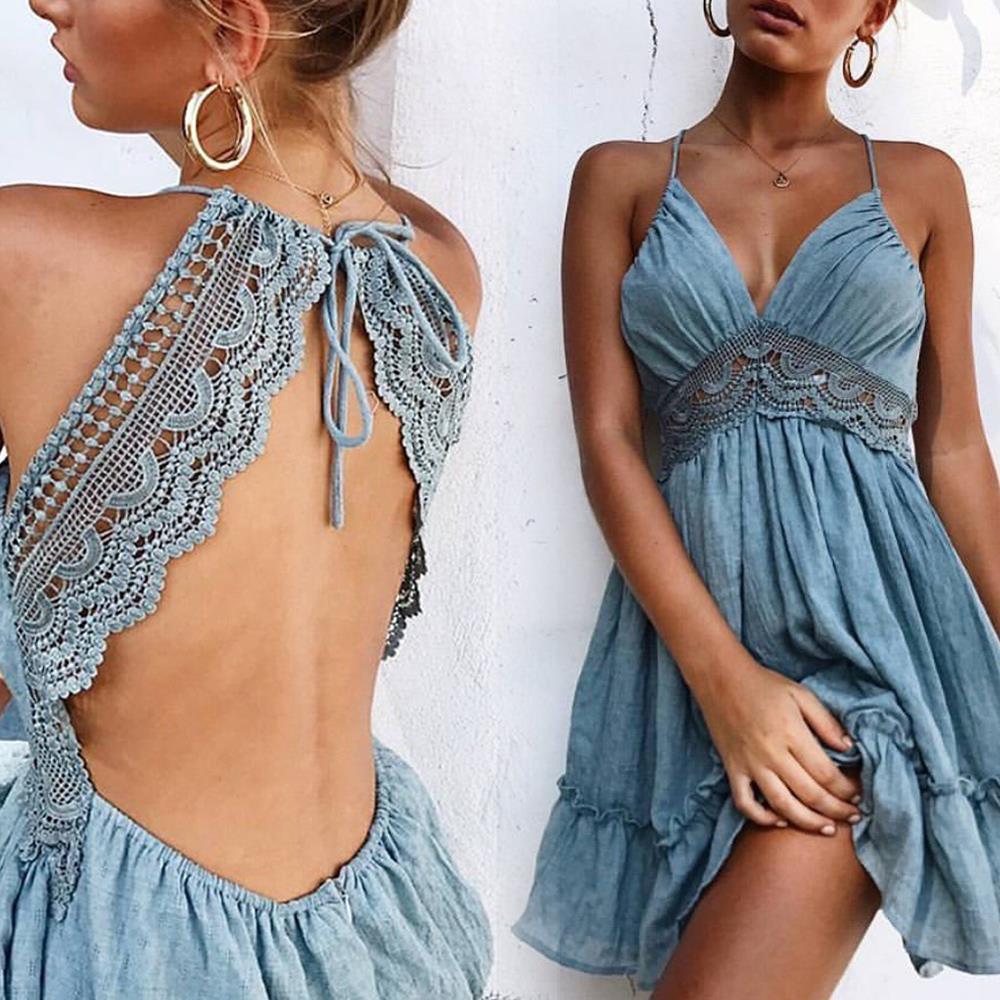 

women dress lace halter sling waist solid party elegant bohemian summer beach sundress, Black;gray
