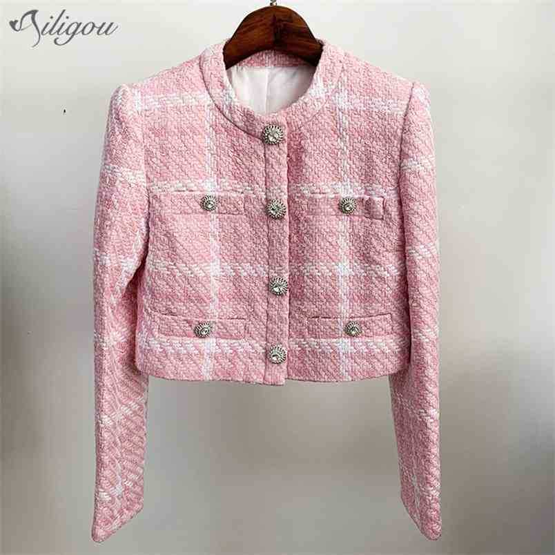 

Pink Plaid Woven Wool Ladies Jacket Coat Summer Customized Fabric Diamond Button Short Women High Quality 210525, Pink jacket