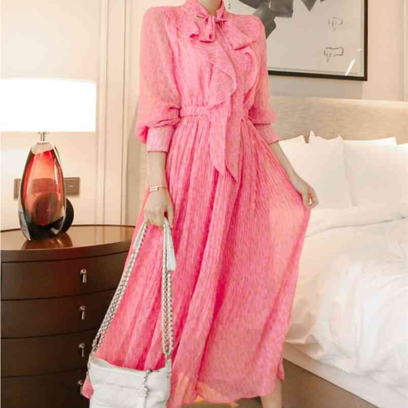 

Spring Women's Pink Chiffon Print Lace Up Bow Casual Pleated Dress Elegant Long Sleeve High Waist Vestidos Dresses 210519