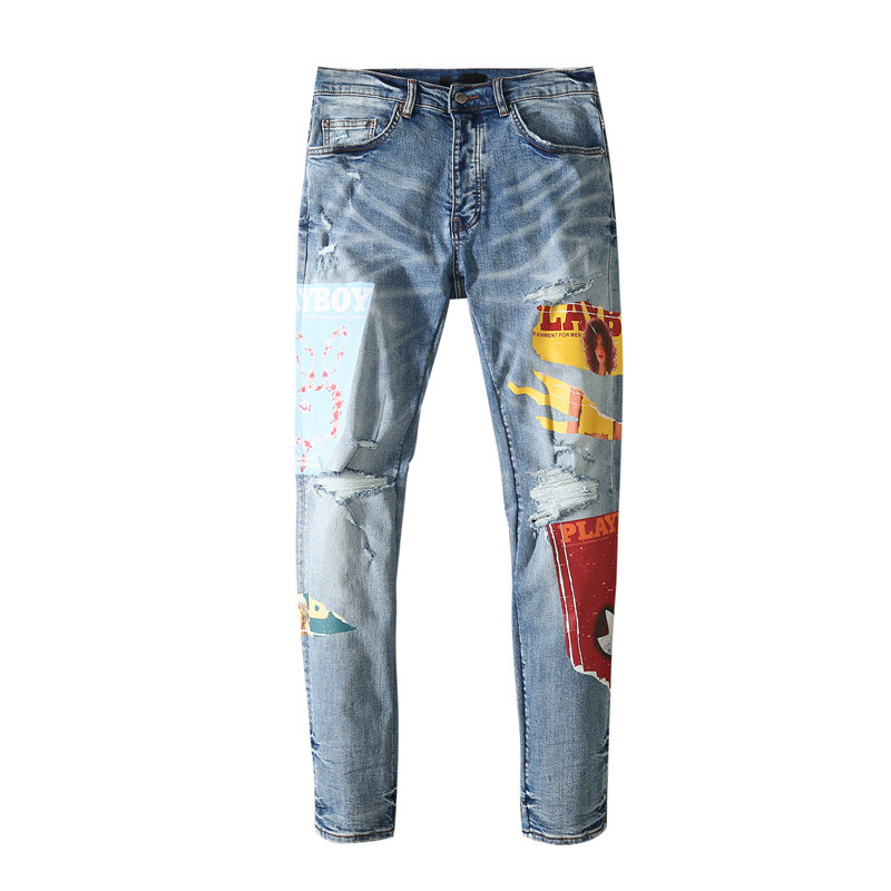 

Mens jeans new design printing black blue leisure slim European and American fashion micro-elastic