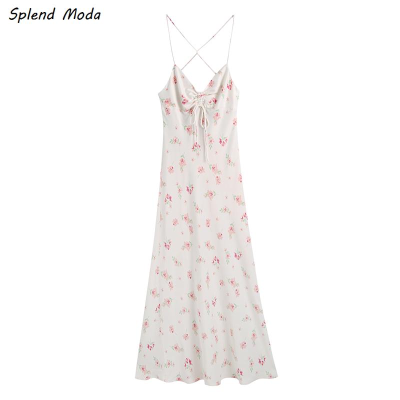 

Casual Dresses Splend Moda 2021 Summer Floral Printed V-Neck Long Spaghetti Strap Dress Sleeveless Backless Draping For Women Vestido, Xc0529