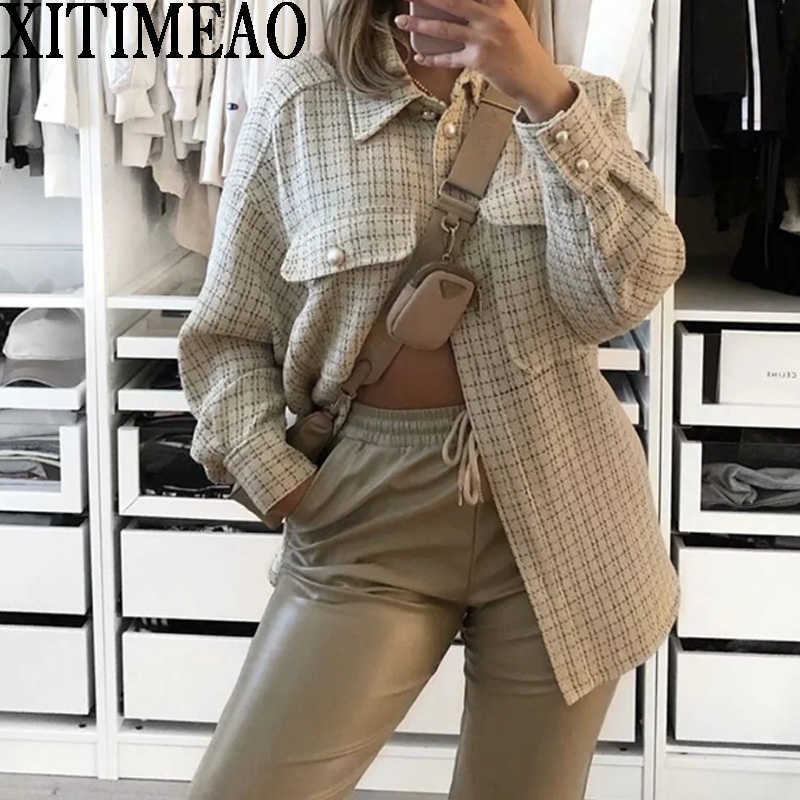 

Women Fashion Tweed Plaid Loose Irregular Jacket Coat Vintage Long Sleeve Pockets Female Outerwear Chic Tops 210604, As picture