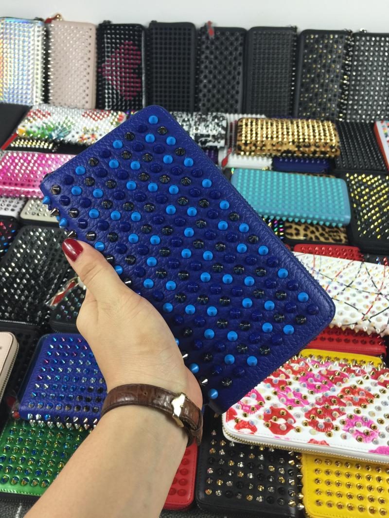 

Style Bottoms Panelled Spiked Clutch Women wallets Patent Real Leather Mixed Rivets bag Clutches Lady Long Purses with Spikes Men Wallet, 11