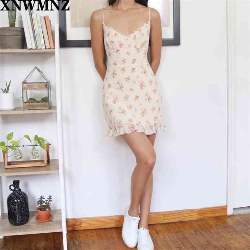 

women Vintage spaghetti strap Summer Dress Sexy Floral Print Cream Chiffon vestido Fashion slim Ruffles dress 210520, Multi
