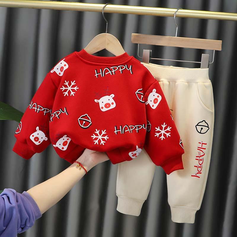 

Clothing Sets Children Christmas Costume Autumn Winter Baby Boys Girls Snowflake Deer Plus Velvet Sweater Pants 2-Piece Infant Suits, White