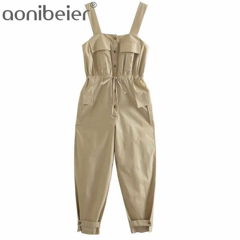 

Women Jumpsuits Summer Sleeveless Pockets Overalls Fashion Wide Straps Casual Long Jumpsuit Female High Waist Rompers 210604, Khaki