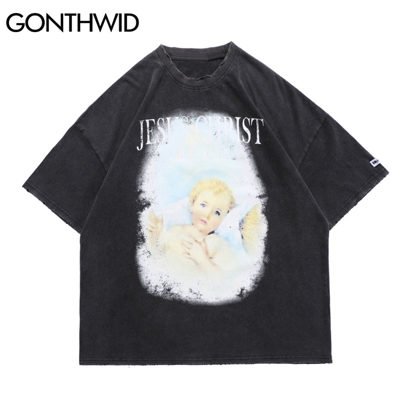 

Tshirts Streetwear Ripped Distressed Destroyed Jesus Angel Print Short Sleeve Tees Shirts Hip Hop Casual Loose Tops 210602, Black