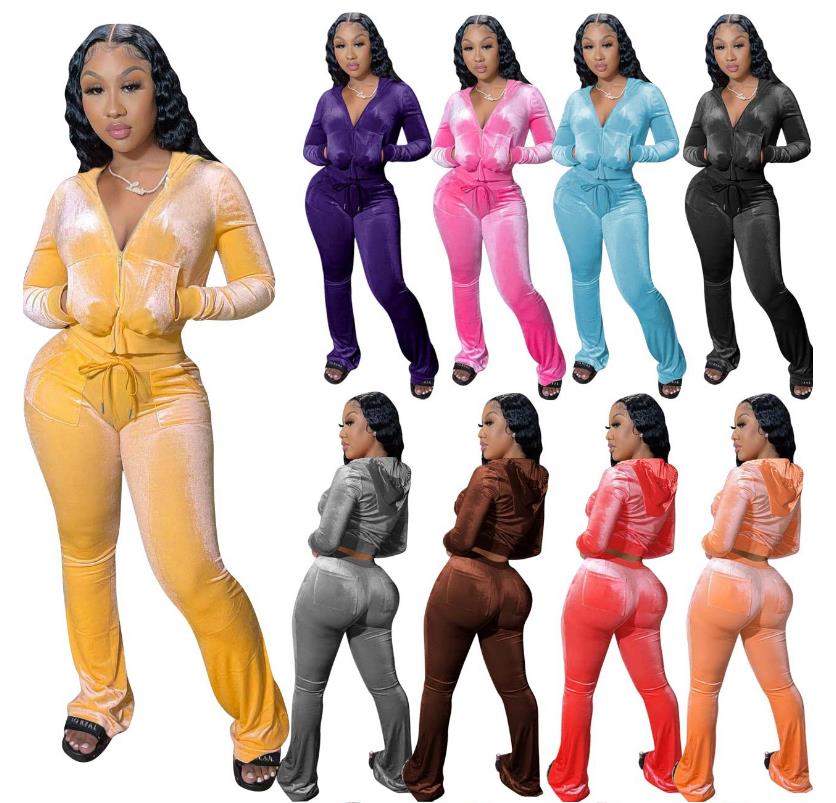 

Designer tracksuits women Sweatshirts Autumn ladies sport suits Plain velvet hooded zipper jacket and wide leg pants two piece set outfits femme casual jogging suit, Red