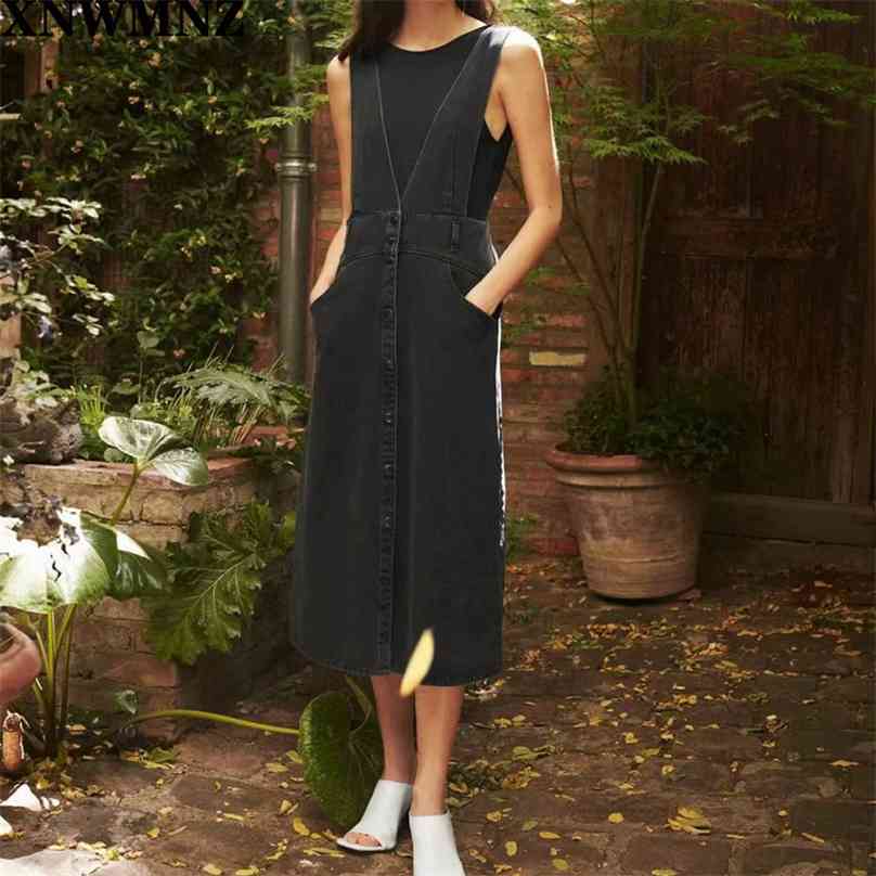 

High quality Women Fashion Button-up Denim Suspender Midi Dress Vintage Backless Side Pockets Straps Female Dresses Mujer 210520, Black