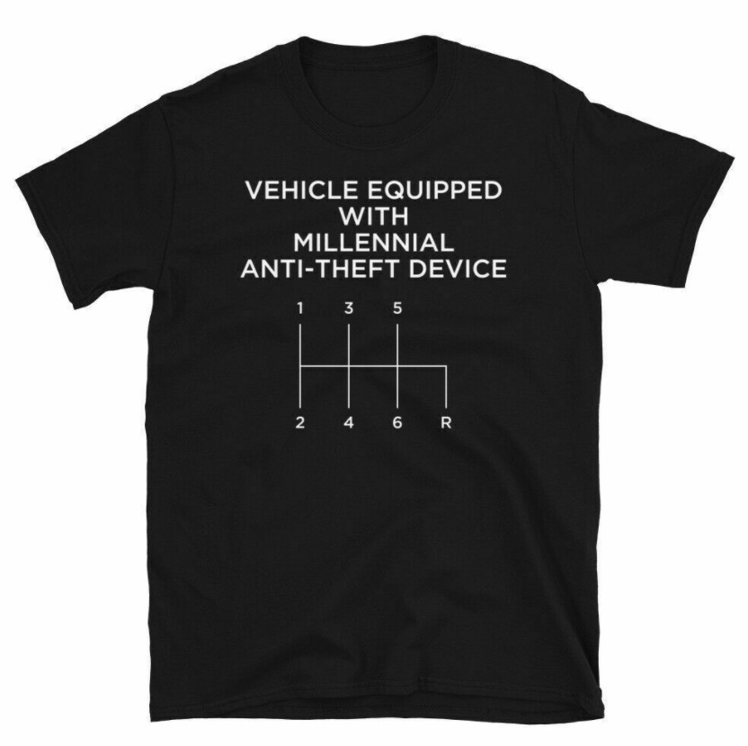 

R1 Vehicle Millennial Anti-Theft Device Car Trucks Automobile Funny Black Tshirt, White;black