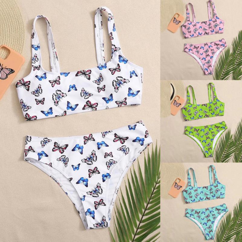 

Women' Swimwear Women Sexy Bikini Butterfly Print Push Up Padded Beachwear Female Bathing Mid Waisted Swimsuit Brazilian Girls, Blue