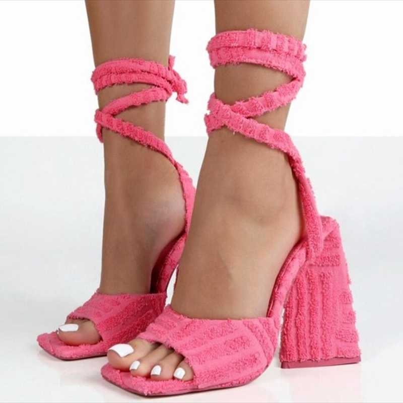 

Sandals Towel Plush Soft Comfortable Lace High Chunky Heel Shoes Open Square Toe Women Summer Big Size 43, Black