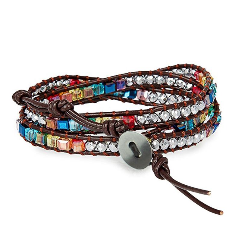 

Charm Bracelets Colorful Crystal Bracelet Jewelry Handmade Leather Wrapped Natural Stone
